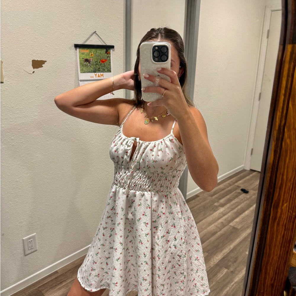 SHEIN White Dress with Pink Floral Design